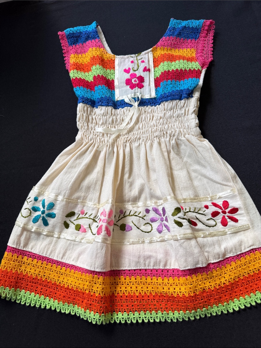 Cream Kids Dress with Rainbow Crochet Yoke and Floral Embroidery